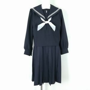 1円 セーラー服 ジャンパースカート スカーフ 上下3点セット 大きいサイズ 冬物 白2本線 女子 学生服 中学 高校 紺 中古 ランクC NA4412