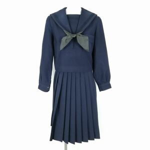 1円 セーラー服 スカート スカーフ 上下3点セット 冬物 青3本線 女子 学生服 中学 高校 紺 制服 中古 ランクC NA4456