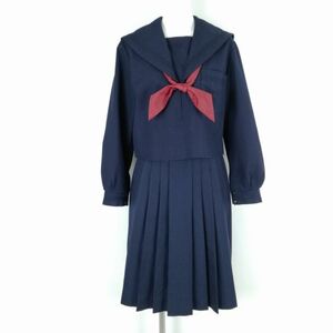 1円 セーラー服 スカート スカーフ 上下3点セット 大きいサイズ 冬物 青3本線 女子 学生服 中学 高校 紺 制服 中古 ランクC NA4677