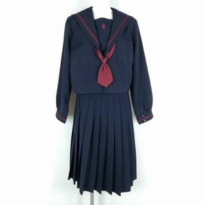 1円 セーラー服 スカート ネクタイ 上下3点セット 大きいサイズ 冬物 赤2本線 女子 学生服 中学 高校 紺 制服 中古 ランクC NA4723