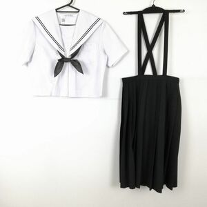 1円 セーラー服 スカート スカーフ 上下3点セット 夏物 黒2本線 女子 学生服 佐賀鳥栖中学 白 制服 中古 ランクC NA5473