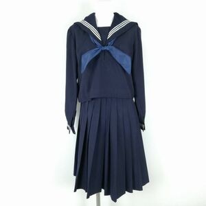 1円 セーラー服 スカート スカーフ 上下3点セット 冬物 白3本線 女子 学生服 中学 高校 紺 制服 中古 ランクC NA5322