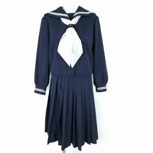 1円 セーラー服 スカート スカーフ 上下3点セット 大きいサイズ 冬物 白2本線 女子 学生服 高知佐川中学 紺 制服 中古 ランクC NA5394