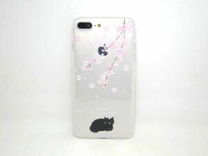 iPhone 7 Plus/8 Plus サクラ+黒猫 クリアケース カバー 桜