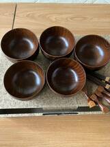 天然木 手作り 木製漆器 汁椀 茶托 箸置き 箸 5客セット_画像4
