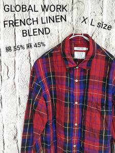 ★送料無料★ GLOBAL WORK FRENCH LINEN BLEND グローバルワーク シャツ メンズ 長袖シャツ チェック柄 ＸＬ