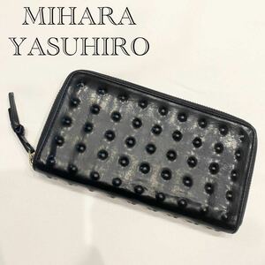 良品◎ MIHARA YASUHIRO ミハラヤスヒロ 炙り出し 長財布 日本製 オールレザー ラウンドジップ スタッズ ロゴ刻印 ブラック ウォレット