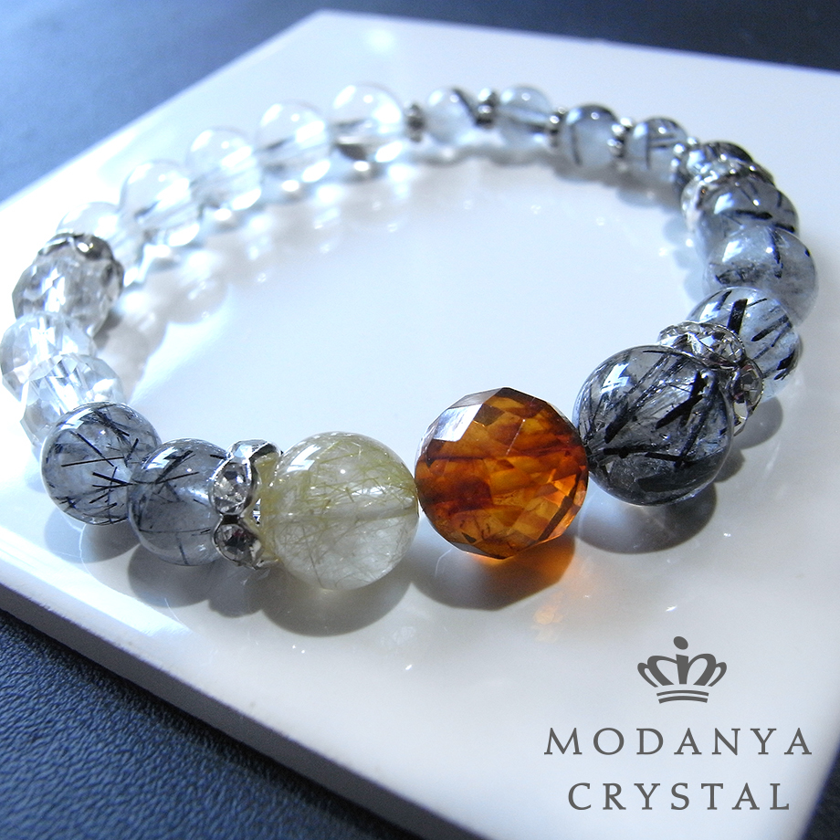 Amber + Black Tourmaline in Quartz + Rutilated Quartz Bracelet 1095, Handmade, Accessories (for women), others