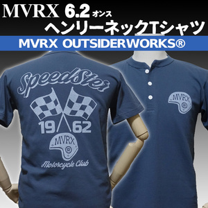 ヘンリーネック Tシャツ M 半袖 メンズ バイク 車 MVRX ブランド SpeedSter モデル デニムブルー 青