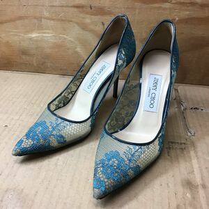 ジミーチュウ JIMMY CHOO シースルー フラット パンプス シューズ ヒール高 7cm 甲幅 8cm 靴 メッシュ レース 37 ブルー レディース