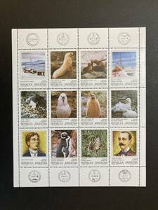 外国切手（未使用）アルゼンチン 1986年発行 南極探検 12種シート - ＃1559 生き物 動物 鳥 ペンギン アザラシ 探検家 人物 基地