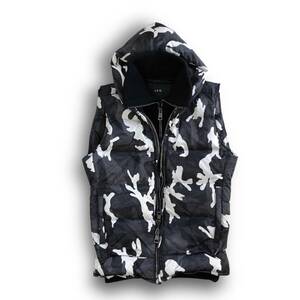 1円～　AKM LIMONTA CAMO BORDER SKI HOODED DOWN VEST / 定価147,000円 / AKM ダウンベスト リモンタナイロン ダウンジャケット フード付