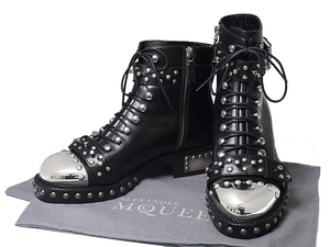 富士屋 ◆ アレキサンダー・マックイーン HOBNAIL ANKLE BOOT ショートブーツ 470601WHPP01000 ブラック レザー 38.5 未使用