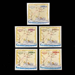 トンガ王国発行「南太平洋の地図とオロバハ」５枚 シール式切手 １９７２年４月１４日発行