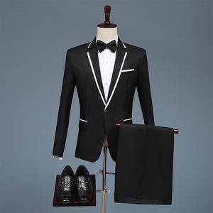 新品 上質 2点セット ホワイト(白)+黒ライン 2色の展開スーツ メンズ スーツセット タキシード上着 ズボンS M L-2XL演奏会舞台衣装 黒