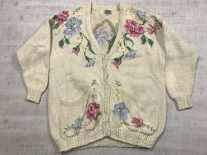 香港製 90s 古着 ローラアシュレイ Laura Ashley 花柄 ジャガード Vネック コットンニット カーディガン レディース 綿100% M 生成り