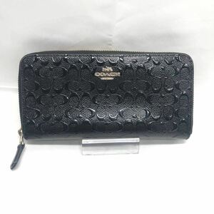 COACH コーチ ラウンドファスナー 長財布 シグネチャー パテントレザー ブラック No.H1681-F54805 金具部分剥げ有 使用感有 KH 13SS