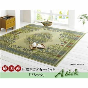 【新品】い草 花ござ/ラグマット 【絵羽柄 グリーン 本間6畳 286×382cm】 日本製 抗菌 防臭 調湿 エレガンス調 〔リビング〕