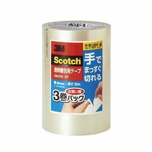 【新品】（まとめ） スリーエムジャパン スコッチ 透明梱包用テープ 中・軽量物用 手でまっすぐ切れる 3巻パック 【×5セット】