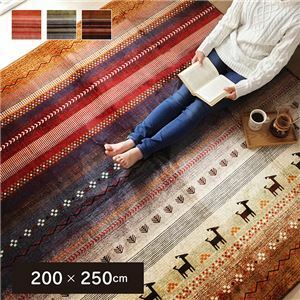 【新品】ラグマット/絨毯 【長方形 オレンジ 約200×250cm】 洗える ホットカーペット 床暖房対応 防音 ギャベ 〔リビング〕