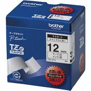 【新品】ブラザー工業 TZeテープ ラミネートテープ(白地/黒字) 12mm 5本パック TZe-231V