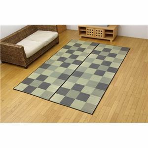 【新品】日本製 い草 花ござ/ラグマット 【ブロック柄 グレー 江戸間6畳 約261×352cm】 裏：ウレタン 防傷 抗菌 防臭 調湿 〔リビング〕