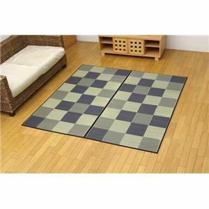 【新品】日本製 い草 花ござ/ラグマット 【ブロック柄 グレー 江戸間2畳 174×174cm】 裏：ウレタン 防傷 抗菌 防臭 調湿 〔リビング〕