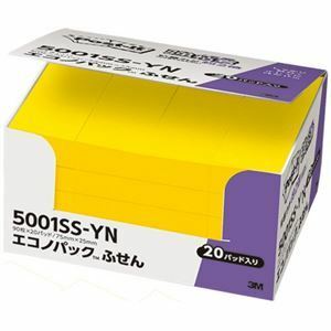 【新品】(まとめ) 3M ポスト・イット エコノパック 強粘着ふせん 75×25mm ビビットイエロー 5001SS-YN 1パック(20冊) 【×5