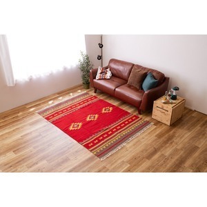 【新品】ラグマット 絨毯 約140×200cm レッド アンシュ ウール100％ ホットカーペット 床暖房対応 手織りウールのキリム リビング