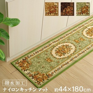 【新品】花柄 キッチンマット/台所マット 【ベージュ 約44×180cm】 洗える 防滑 撥水加工 ナイロン オールシーズン可 〔キッチン 台所〕