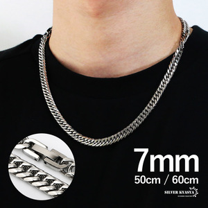 幅7mm ステンレス 喜平ネックレス 中折式 細め ダブル喜平チェーンネックレス シルバー 銀色 (60cm)