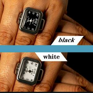 新品　未使用　指輪　時計　四角　フリーサイズ　銀　黒白セット　102