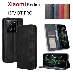 Xiaomi Redmi 13T/13T Pro用本革風 TPU手帳型 保護ケース スタンド機能 マグネット付 カード入れ付 茶