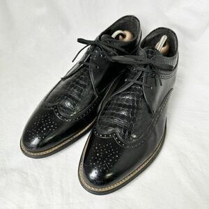 90s STACY ADAMS 型押しクロコ × ウイングチップ レザー シューズ 9.5D 27.5cm ブラック 黒 コブラ ステイシーアダムス 80s ビンテージ