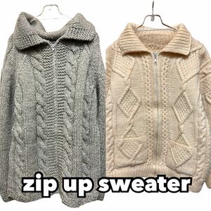 USA古着卸 洗濯済 厚手zip up sweater 2着 セット まとめ売り 1円スタート ハンドニット フィッシャーマン 卸売 アメリカ古着 plywood