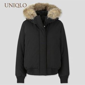 ユニクロ UNIQLO 軽くて暖かい パデットフーデットリブブルゾン 中綿 ブラック ファー フード 黒 Lサイズ レディース A5094