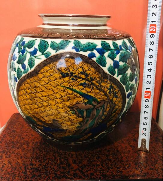 九谷焼 花瓶 陶福作 角福印 花瓶高さ約22 cm口部約12 Cm三方割絵図