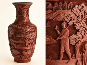 【流】中国美術 堆朱文化革命図細密彫大花瓶 高38cm TO097