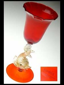 n574 ムラノ ベネチアングラス formia 金彩 レッド ドルフィン脚 大型 ワイングラス