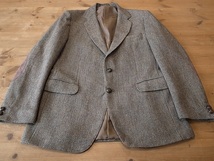 イングランド製 Harris Tweed 肘革 レザー エルボーパッチ ２釦 ピンチェック ハリスツイード テーラード ジャケット ブレザー XL相当 _画像2