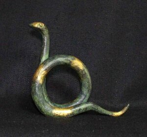 金属工芸●●置物　蛇　金彩　緑●16cm 非鉄 金属製 ヘビ　 snake 干支