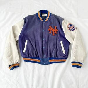 80s 90s MLB ニューヨークメッツ 袖革スタジャン L ビッグサイズ 袖レザー USA製 （ ビンテージ 80年代 90年代 NY New York Mets 00s NBA