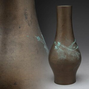 HZ361 時代物 銅花瓶・銅花入 高17cm 重290g・胴張花瓶・花生
