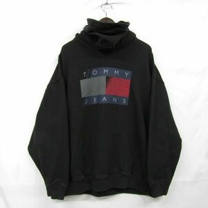 サイズ L TOMMY JEANS プルオーバー パーカー スウェットトレーナー ネックウォーマー 付き ブラック トミー 古着 ビンテージ 3N0609