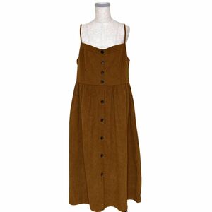 YO0238【美品◎】DAZY コーデュロイ風 キャミドレス ジャンパースカート XL ブラウン（茶色） 腰ポケット フェイクボタン 大きいサイズ