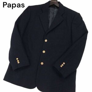 Papas パパス × ハリスツイード 100周年★ 秋冬 金ボタン ウール ツイード ブレザー ジャケット 紺ブレ Sz.50/L　メンズ　I3T01846_B#N