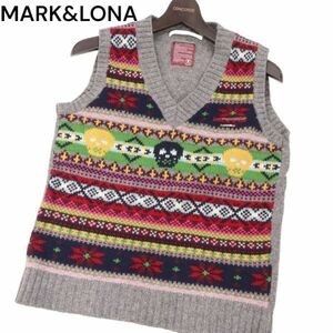 MARK&LONA マーク&ロナ 秋冬 スカル&ノルディック柄★ Vネック ウール ニット ベスト Sz.M　メンズ グレー ゴルフ　I3T01959_B#K