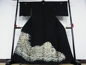 平和屋-こころ店■豪華黒留袖　駒刺繍　立波花鳥文　金彩　着丈160.5cm　裄丈64.5cm　正絹　逸品　B-ag4865