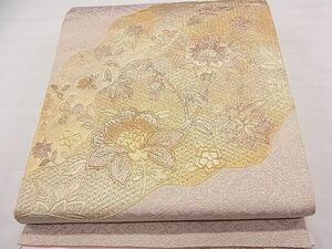 平和屋1■袋帯　総刺繍　スワトウ刺繍　道長草花文　金糸　逸品　hy8986