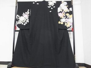 平和屋-こころ店■小振袖　二尺袖　草花文　黒地　銀彩　着丈164cm　裄丈67cm　洗える着物　A-cs6016